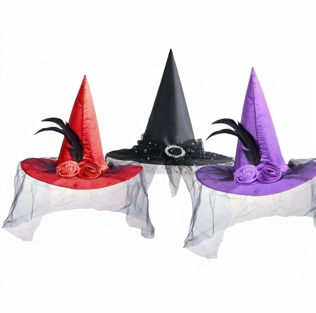 Sombrero de Bruja Elegante con Tul y Plumas